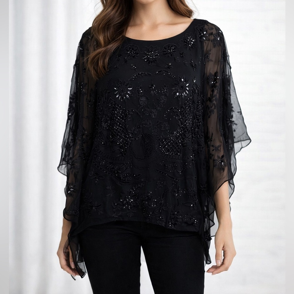 Pure silk sequined and beaded blouse Tie-side Embellished Sheer Black Blouse S